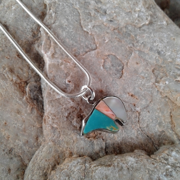 Sterling Turquoise inlay Bear Fetish PENDANT - Picture 2 of 8